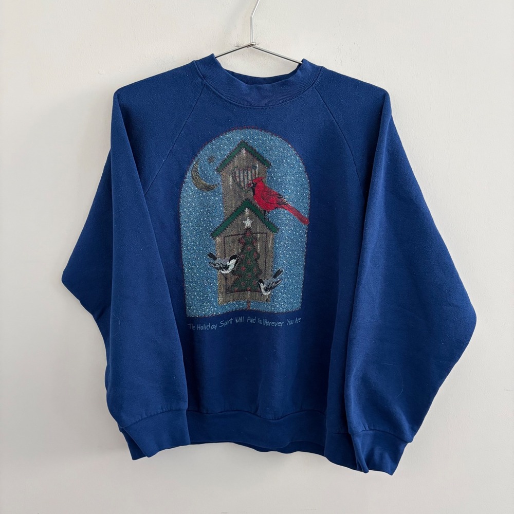 Vintage Fruit of the Loom Christmas Cardinal Birdhouse Blue Sweatshirt XL